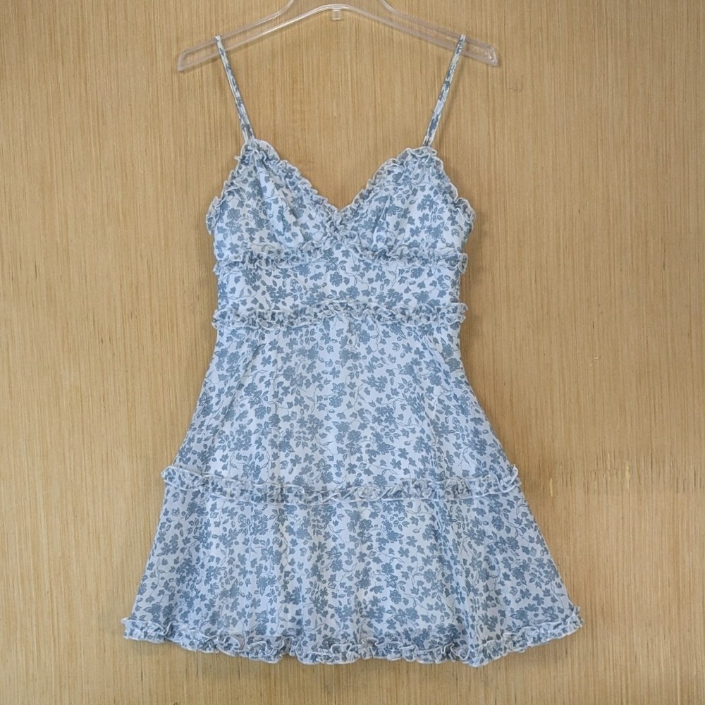B. Smart Cottagecore Coquette Blue Floral Ruffle Mini Dress 3 Tiered Sundress